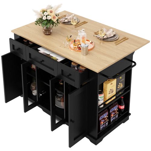 Ilot De Cuisine Mobile Avec Plateau Rabattable - 106x50x90,5 Cm, Noir, Rangements, Roulettes, Charge Max 60 Kg