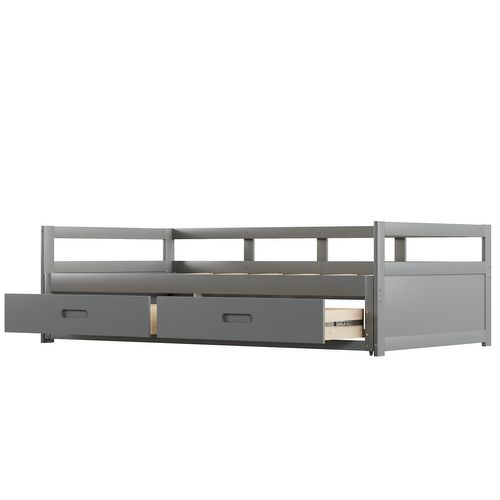 Canapé-lit Extensible 90/180 X 200 Cm Avec Tiroirs Et Sommier à Lattes, Bois De Pin, Gris