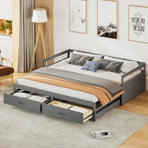 Canapé-lit Extensible 90/180 X 200 Cm Avec Tiroirs Et Sommier à Lattes, Bois De Pin, Gris