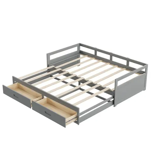 Canapé-lit Extensible 90/180 X 200 Cm Avec Tiroirs Et Sommier à Lattes, Bois De Pin, Gris