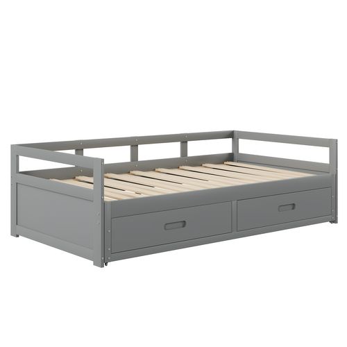 Canapé-lit Extensible 90/180 X 200 Cm Avec Tiroirs Et Sommier à Lattes, Bois De Pin, Gris