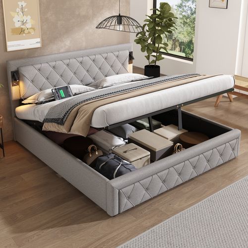 Lit Double 180x200 Cm Avec Rangement - Tête De Lit Velours Avec LED, Prise Et USB - Sommier Relevable Hydraulique - Couleur Beige - 10