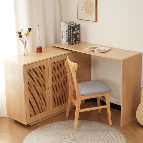 Bureau En L, 126 Cm, Avec Portes En Rotin, Table De Maquillage, Blanc