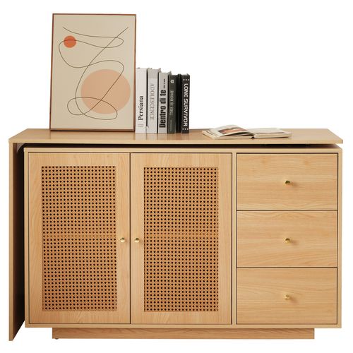 Bureau En L, 126 Cm, Avec Portes En Rotin, Table De Maquillage, Blanc