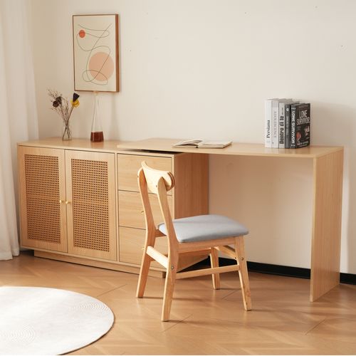 Bureau En L, 126 Cm, Avec Portes En Rotin, Table De Maquillage, Blanc