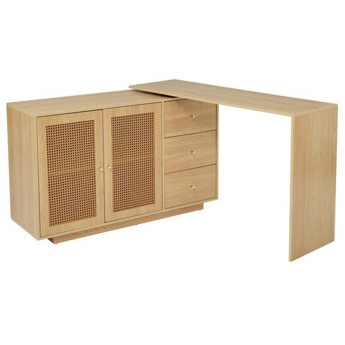 Bureau En L, 126 Cm, Avec Portes En Rotin, Table De Maquillage, Blanc