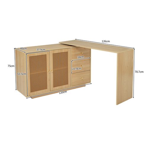 Bureau En L, 126 Cm, Avec Portes En Rotin, Table De Maquillage, Blanc