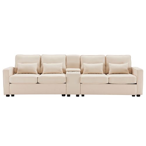 Canapé 4 Places D'angle En U Avec Rangement – Velours Côtelé Beige, Ports USB, Porte-gobelet, Structure Bois, Livré En 4 Colis