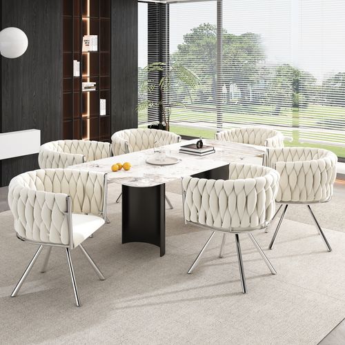 Set De 6 Chaises De Salle à Manger En Velours Pivotantes, Pieds En Métal Argenté, Beige + Argent