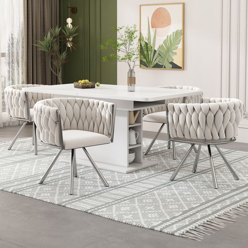 Set De 6 Chaises De Salle à Manger En Velours Pivotantes, Pieds En Métal Argenté, Beige + Argent