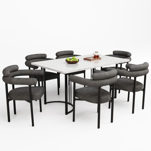 Ensemble Table Et Chaises (7 Pièces), Table Métal, 6 Fauteuils En Daim Gris, Confortable