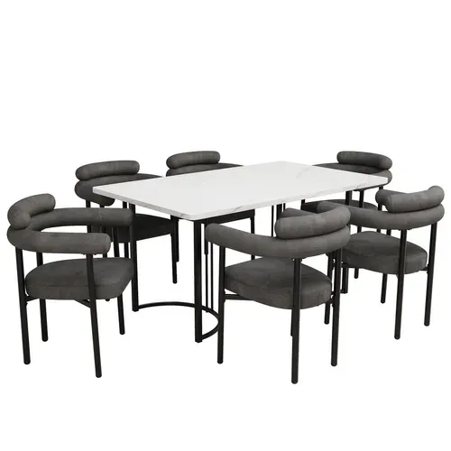 Ensemble Table Et Chaises (7 Pièces), Table Métal, 6 Fauteuils En Daim Gris, Confortable