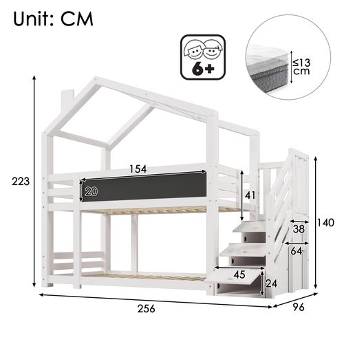 Lit Enfant Maison, Cheminée, Garde-corps, Tableau, 2x Sommier, Blanc, 90x200cm (sans Matelas)