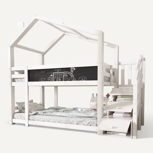 Lit Enfant Maison, Cheminée, Garde-corps, Tableau, 2x Sommier, Blanc, 90x200cm (sans Matelas)