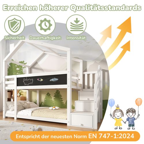 Lit Enfant Maison, Cheminée, Garde-corps, Tableau, 2x Sommier, Blanc, 90x200cm (sans Matelas)