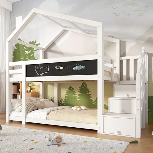 Lit Enfant Maison, Cheminée, Garde-corps, Tableau, 2x Sommier, Blanc, 90x200cm (sans Matelas)