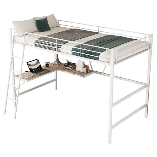 Hochbett 90x200cm, Cadre Métallique, Bureau L Et Étagère, Pour Enfants, Adolescents, Adultes, Blanc