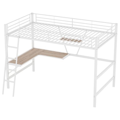 Hochbett 90x200cm, Cadre Métallique, Bureau L Et Étagère, Pour Enfants, Adolescents, Adultes, Blanc