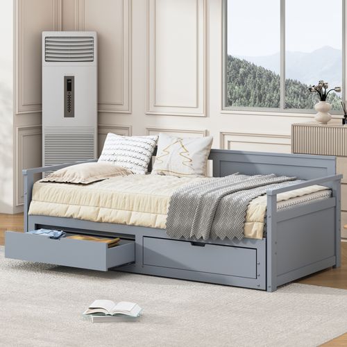 Lit Banquette Extensible 90 (180) X 190 CM En Pin Avec 2 Tiroirs Et Lit Gigogne, Gris