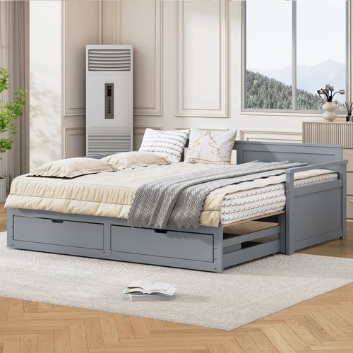 Lit Banquette Extensible 90 (180) X 190 CM En Pin Avec 2 Tiroirs Et Lit Gigogne, Gris