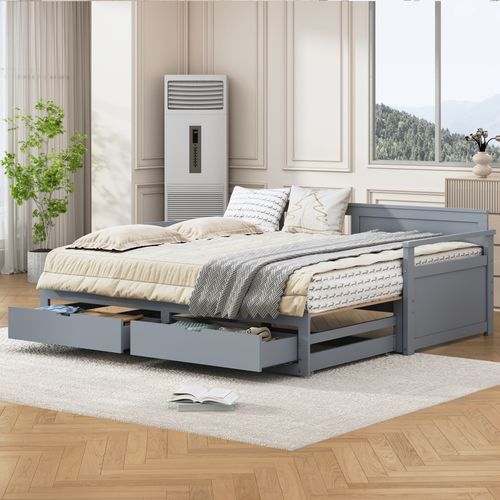 Lit Banquette Extensible 90 (180) X 190 CM En Pin Avec 2 Tiroirs Et Lit Gigogne, Gris
