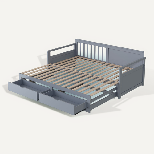 Lit Banquette Extensible 90 (180) X 190 CM En Pin Avec 2 Tiroirs Et Lit Gigogne, Gris