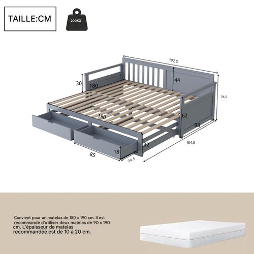 Lit Banquette Extensible 90 (180) X 190 CM En Pin Avec 2 Tiroirs Et Lit Gigogne, Gris