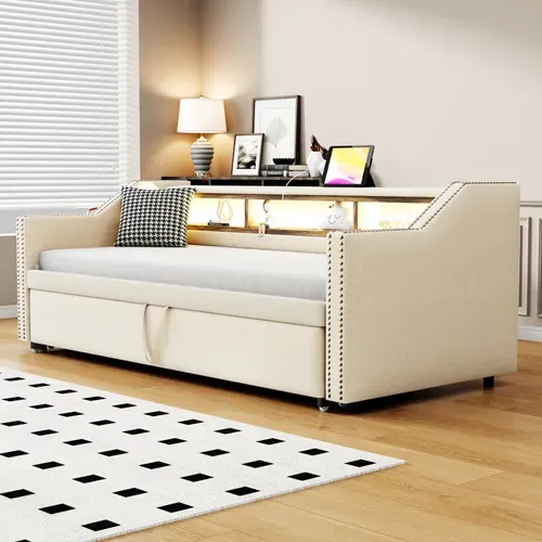 Lit Convertible 90/180x190 Cm, Multifonctionnel Avec Rangement, LED Et USB, Beige