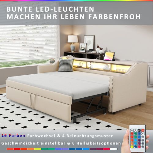 Lit Convertible 90/180x190 Cm, Multifonctionnel Avec Rangement, LED Et USB, Beige