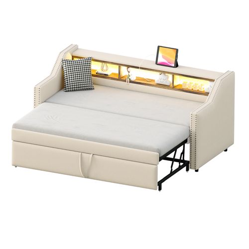 Lit Convertible 90/180x190 Cm, Multifonctionnel Avec Rangement, LED Et USB, Beige