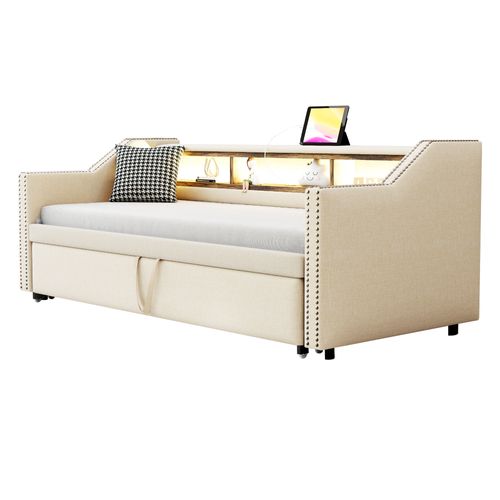 Lit Convertible 90/180x190 Cm, Multifonctionnel Avec Rangement, LED Et USB, Beige