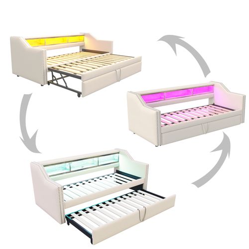 Lit Convertible 90/180x190 Cm, Multifonctionnel Avec Rangement, LED Et USB, Beige