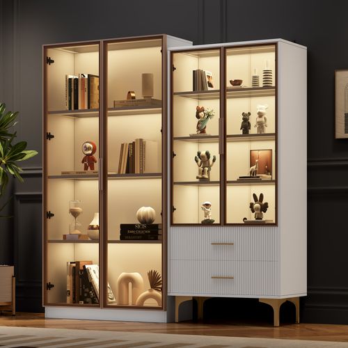 Ensemble Salon Moderne Avec 2 Vitrines Blanches LED, étagères Ajustables, Finition Platine