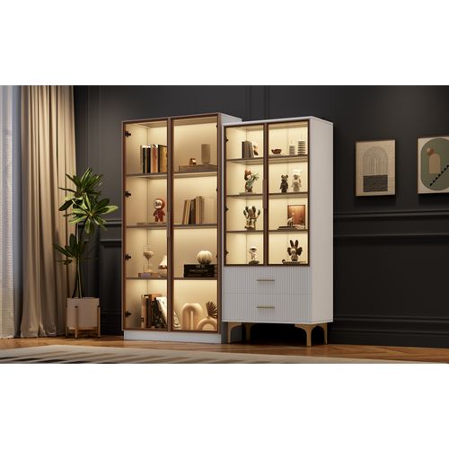 Ensemble Salon Moderne Avec 2 Vitrines Blanches LED, étagères Ajustables, Finition Platine