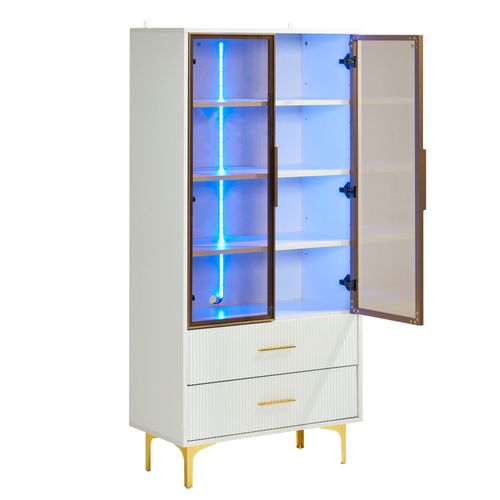 Ensemble Salon Moderne Avec 2 Vitrines Blanches LED, étagères Ajustables, Finition Platine