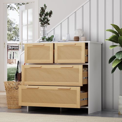 Commode En Rotin 4 Tiroirs, Meuble De Rangement, Dimensions : L80/d80/h38cm