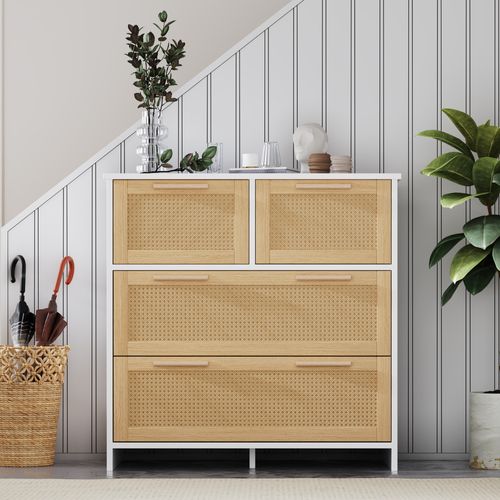 Commode En Rotin 4 Tiroirs, Meuble De Rangement, Dimensions : L80/d80/h38cm