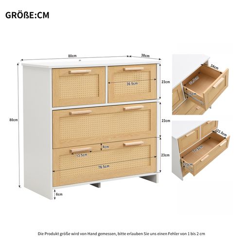 Commode En Rotin 4 Tiroirs, Meuble De Rangement, Dimensions : L80/d80/h38cm