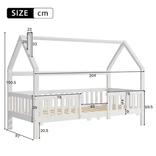 Lit Cabane Pour Enfant Avec Cheminée, Sommier à Lattes Solide, 90x200 Cm, Blanc
