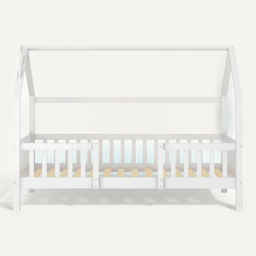 Lit Cabane Pour Enfant Avec Cheminée, Sommier à Lattes Solide, 90x200 Cm, Blanc