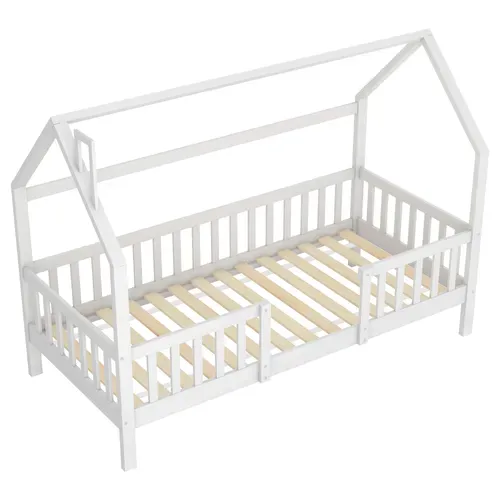 Lit Cabane Pour Enfant Avec Cheminée, Sommier à Lattes Solide, 90x200 Cm, Blanc