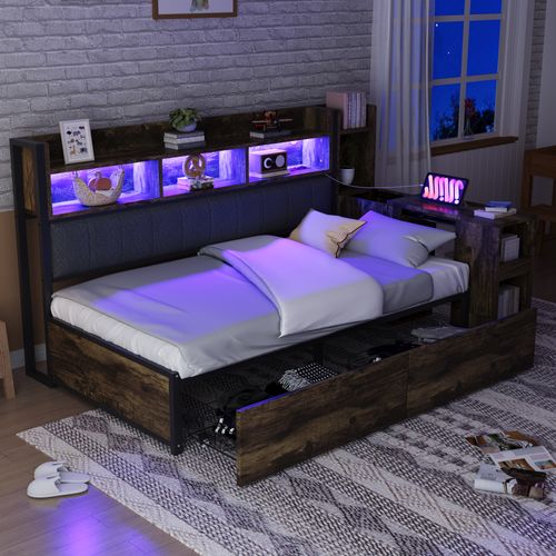 Canapé-lit Métal 90x200 Cm Avec LED, Bureau Escamotable Et Tiroirs