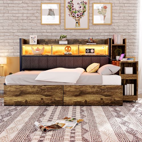 Canapé-lit Métal 90x200 Cm Avec LED, Bureau Escamotable Et Tiroirs