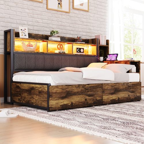 Canapé-lit Métal 90x200 Cm Avec LED, Bureau Escamotable Et Tiroirs