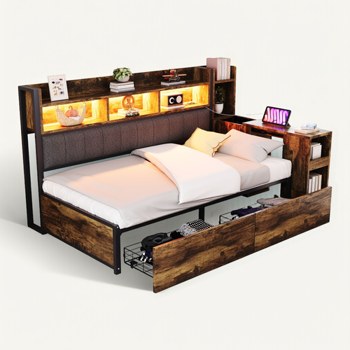 Canapé-lit Métal 90x200 Cm Avec LED, Bureau Escamotable Et Tiroirs