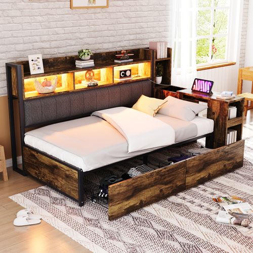 Canapé-lit Métal 90x200 Cm Avec LED, Bureau Escamotable Et Tiroirs