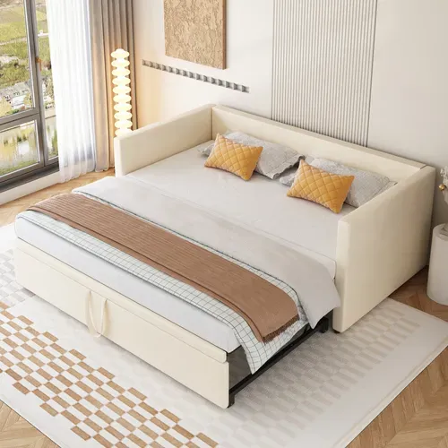 Lit Gigogne, Canapé-lit Convertible 90/180x200 Cm En Velours Avec Sommier Beige