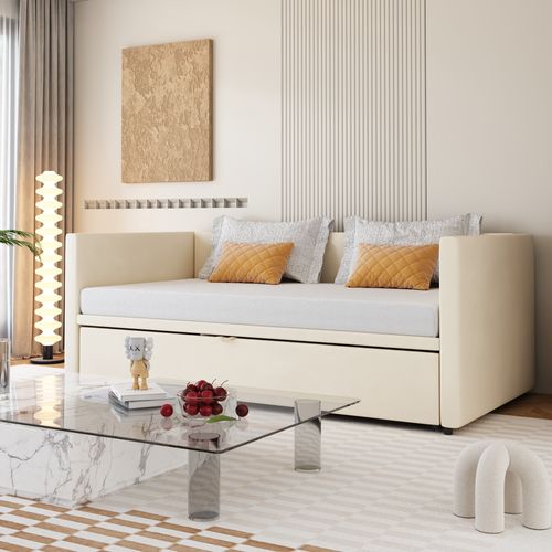 Lit Gigogne, Canapé-lit Convertible 90/180x200 Cm En Velours Avec Sommier Beige