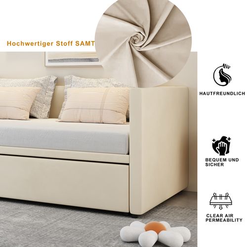 Lit Gigogne, Canapé-lit Convertible 90/180x200 Cm En Velours Avec Sommier Beige