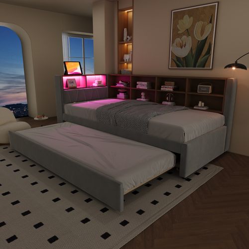 Canapé-lit 90×200 Cm Avec Lit Gigogne 90×190 Cm, LED Et Rangements Gris Clair